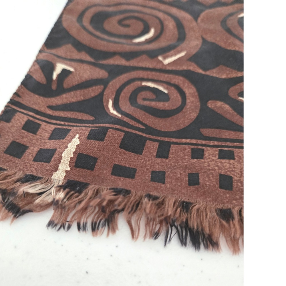 Studio New York 100% Silk Scarf Brown Black Tribal Geometric Print Fringed Korea - Picture 6 of 6